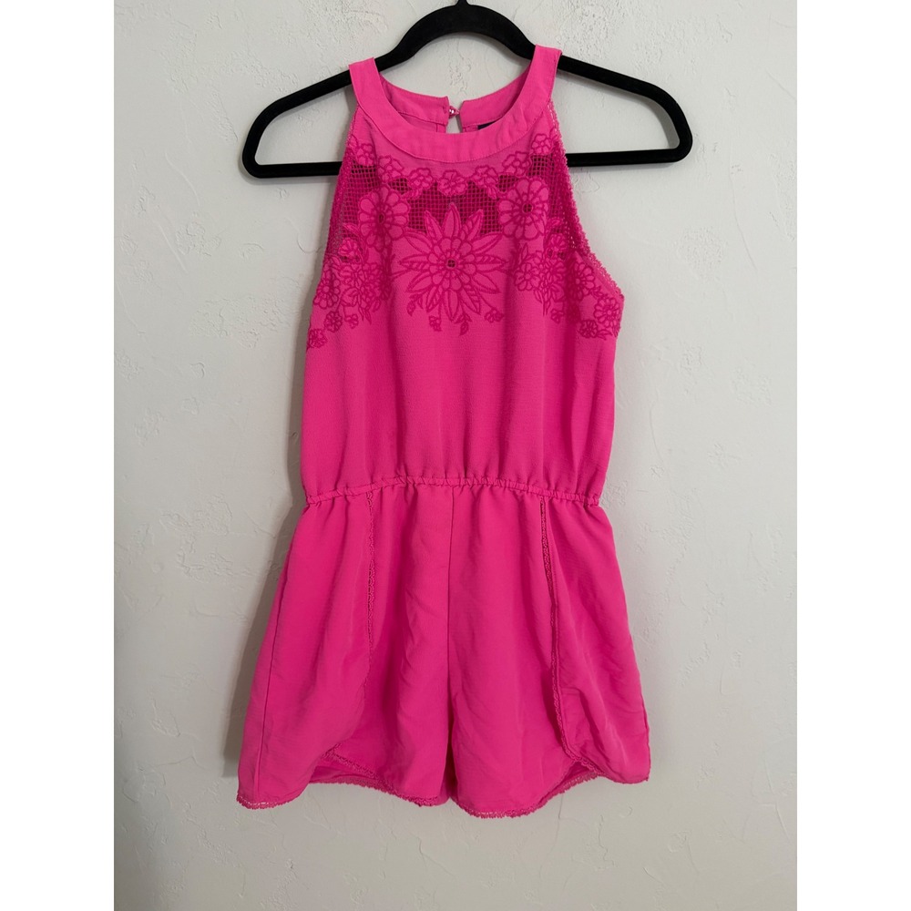Blue Rain Womens Hot Pink Floral Lace Crochet Halter Neck Romper Small
